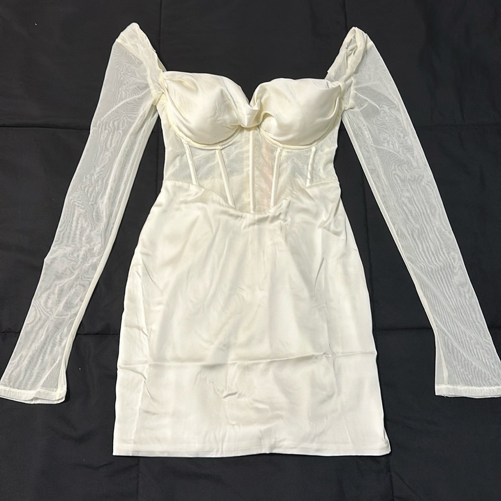 Long Sleeve Mesh Corset Minidress in White